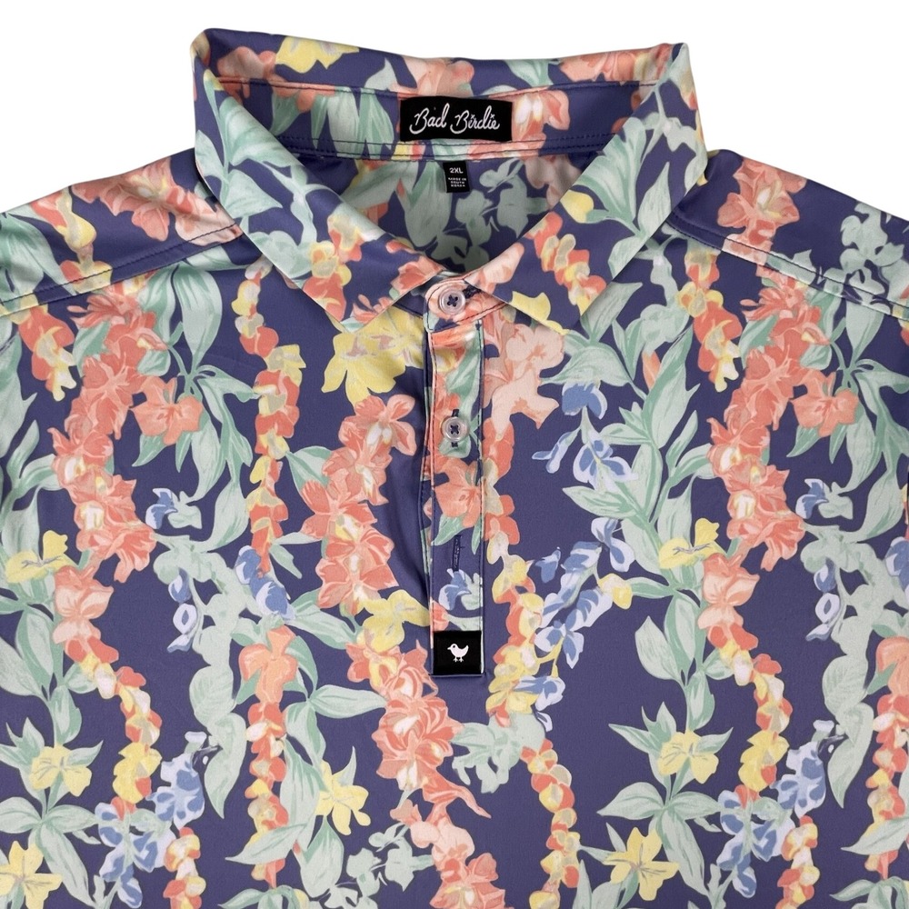 Bad Birdie Polo Mens 2XL Blue Floral Lei Print Short Slv Golf Performance Shirt